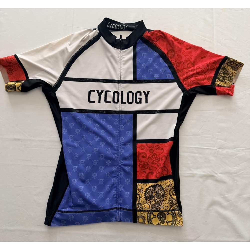 Cycology Skull Block Cycling Jersey Mens Large Multicolor Full Zip Short Sleeve